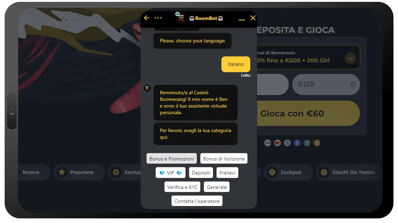 Supporto ai giocatori del Casinò Boomerang