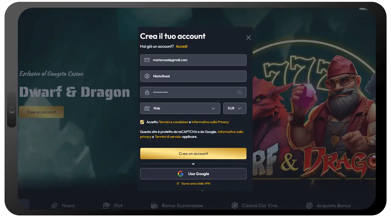 Registrarsi su Gangsta Casinò